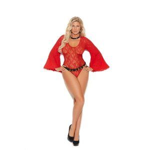 QUEEN Size - Red Deep V Lace Teddy with Bell Sleeves and Keyhole Back